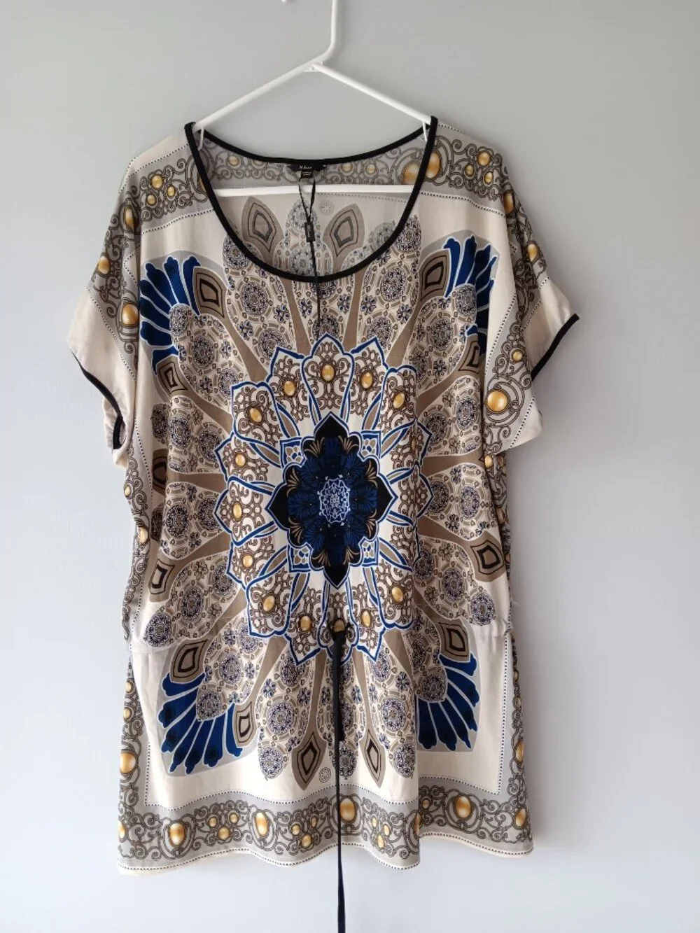 Milano Scoop-Neck Short-Sleeve Top Cover-Up Drawstring Tunic Blue White Large